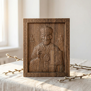 Икона Николай Чудотворец в деревянной коробке 	