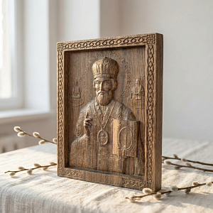 Икона Николай Чудотворец в деревянной коробке 	